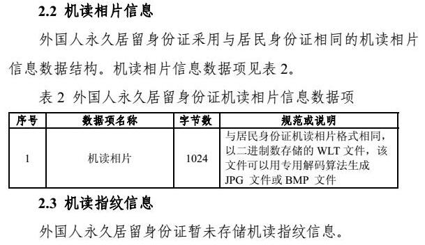外國人永久居留身份證芯片機讀信息規(guī)則