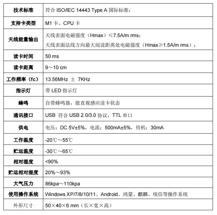 IC卡刷卡器模組性能參數 IC卡刷卡器模組性能參數