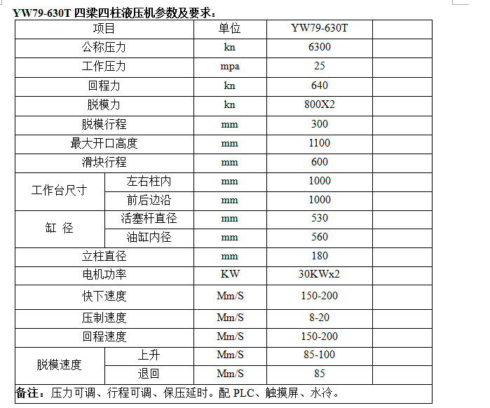 630噸四柱液壓機技術(shù)參數(shù)